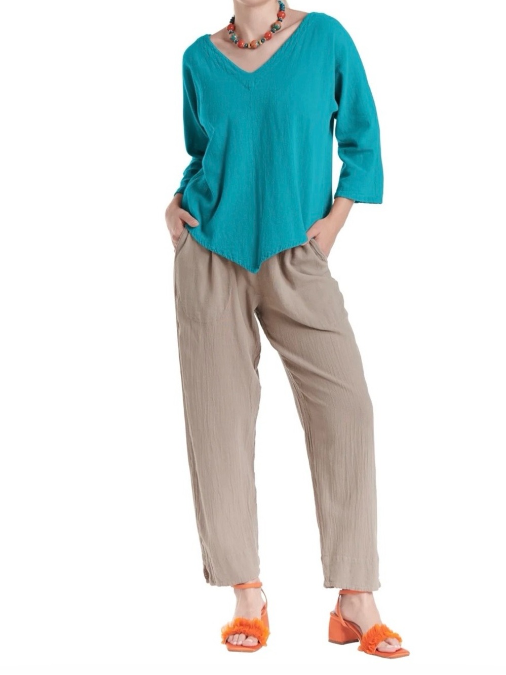 Oh My Gauze! Lynn 3/4 Sleeve V-Neck Cotton Gauze Blouse Glacier Teal Size 2 L/XL